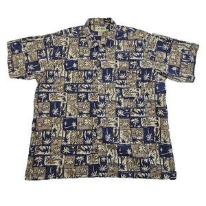 Haband Hawaiian Shirt Men's XXL Button Up Navy Brown Tropical Vacationwear EUC